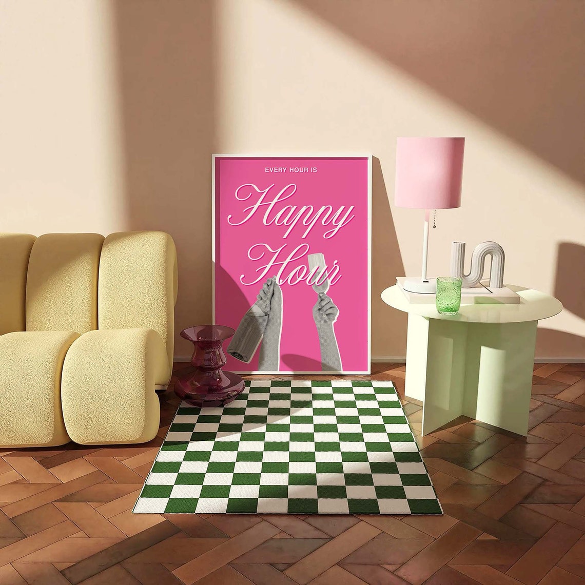 Every Hour Is Happy Hour Print Art Cute Pink Bar Car Print Trendy Cocktail Bar Art Kitchen Wall Art - Image 3