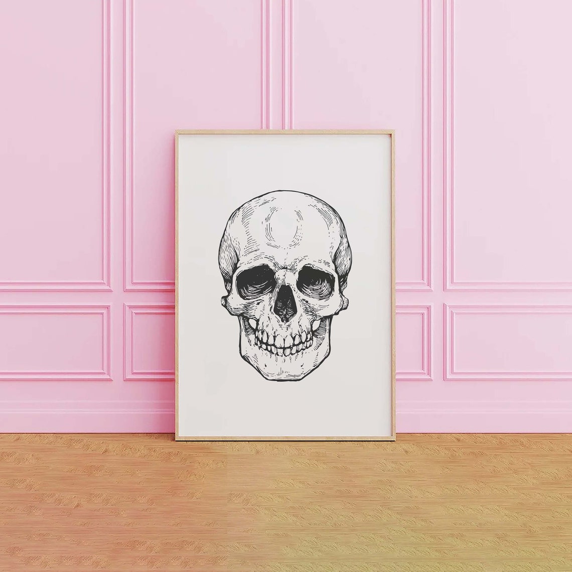 Hand Drawn Skull Line Art Minimal Halloween Cream Art Poster - Image 4
