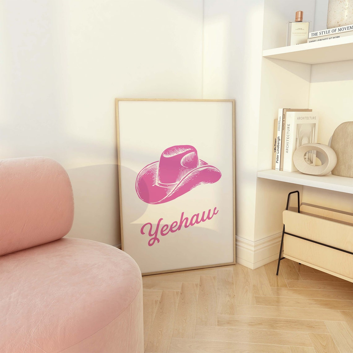 Pink Cowboy Hat Yeehaw Retro Western Script Cream Art Poster - Image 4