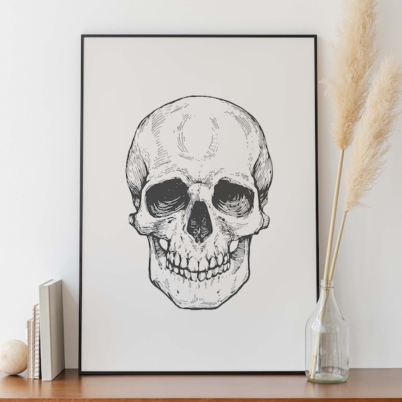 Hand Drawn Skull Line Art Minimal Halloween Cream Art Poster