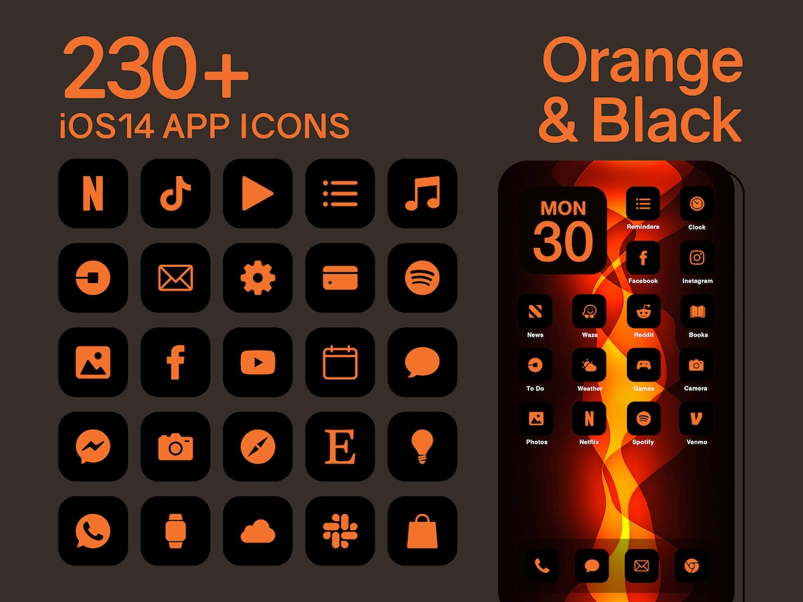 Orange Black iOS14 App Icon Pack 230 Custom Icons Digital Print