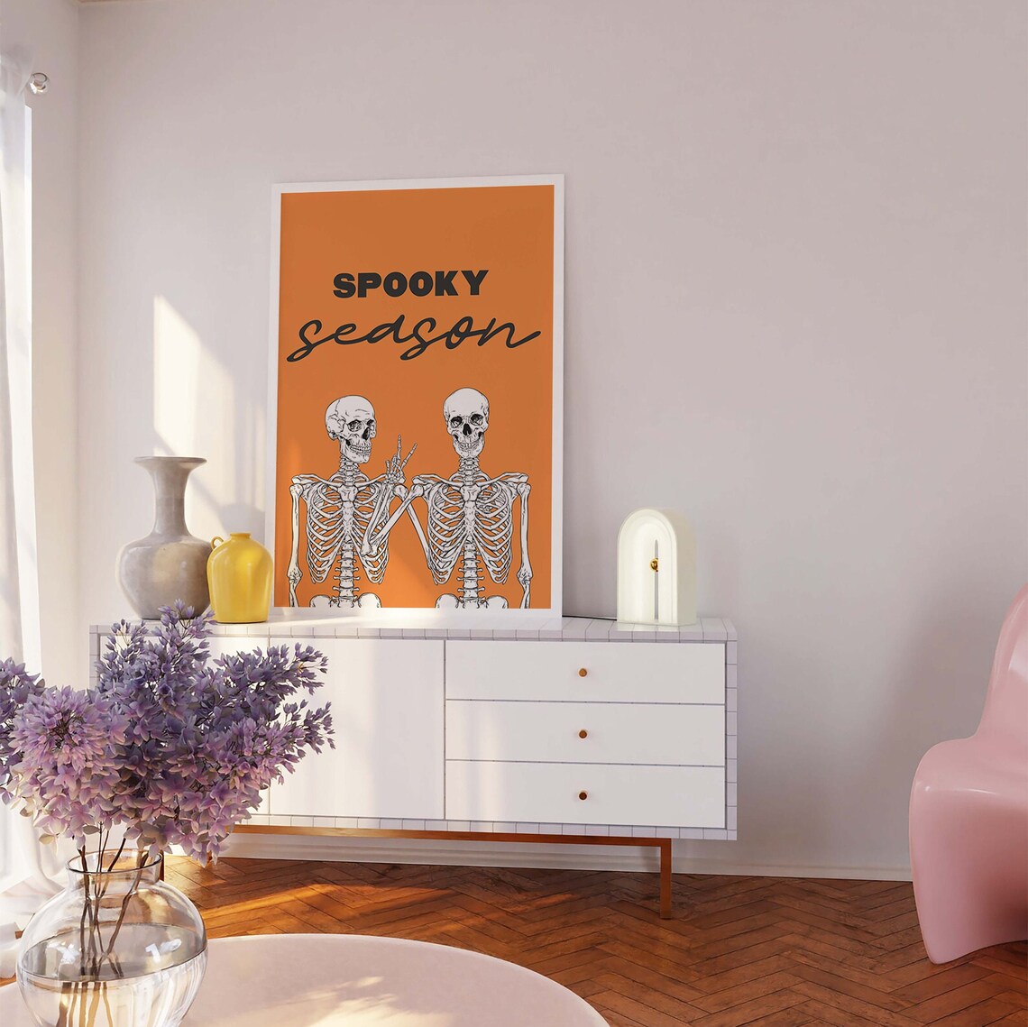 Spooky Season Skeletons Best Friends Peace Sign Orange Halloween Poster - Image 5