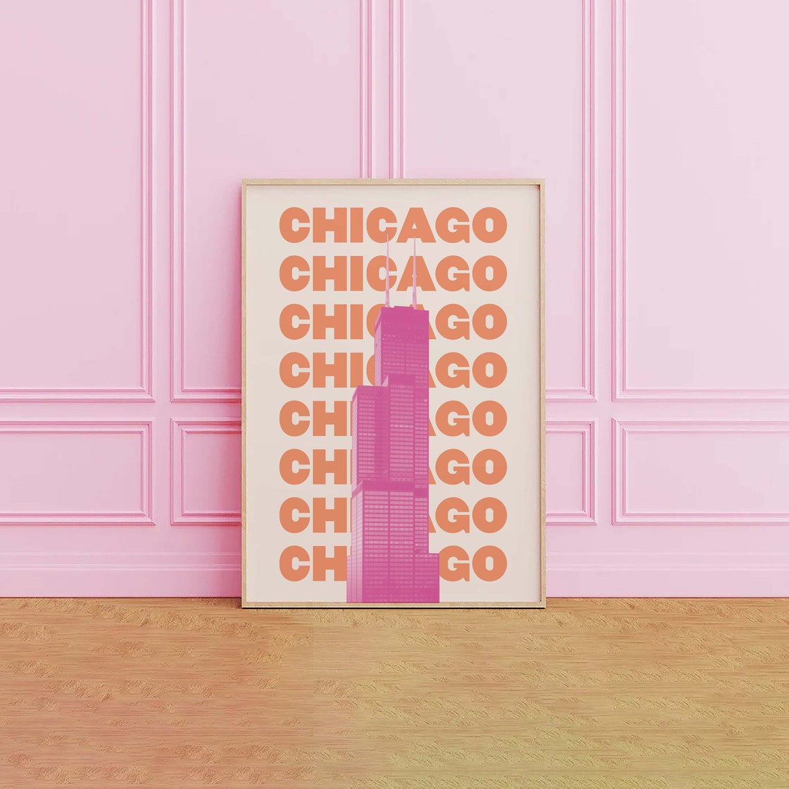 Chicago Willis Tower Pink Orange Bold City Typography Poster - Image 2