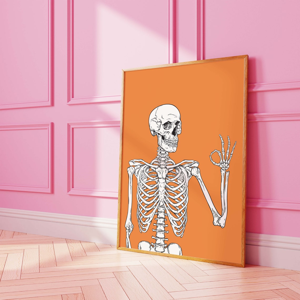 Gothic Skeleton OK Hand Gesture Orange Background Art Poster - Image 4