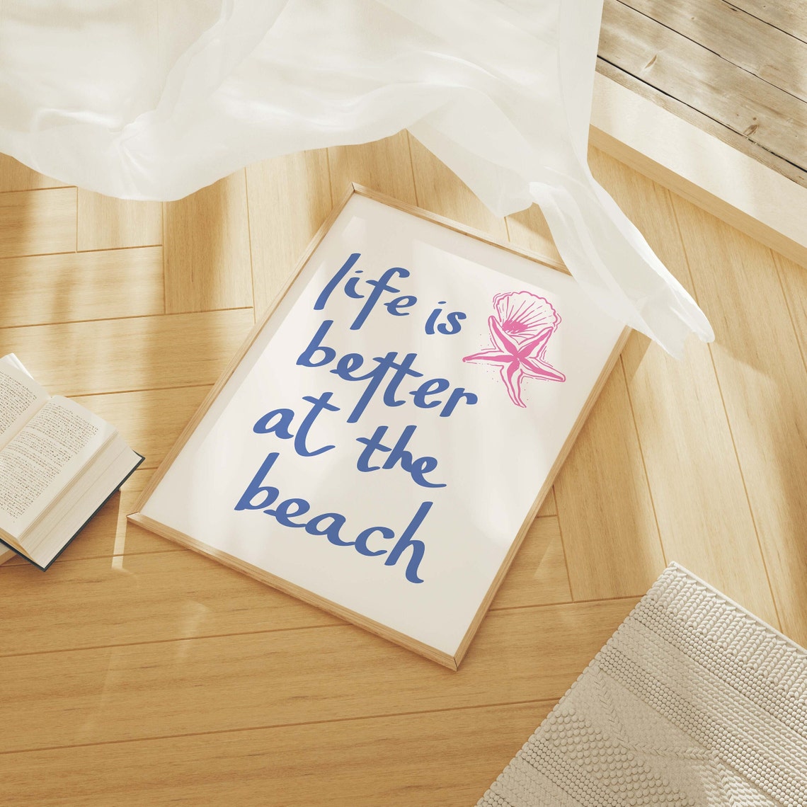 Life Is Better At The Beach Quote Blue Pink Shell Star Poster - Image 2