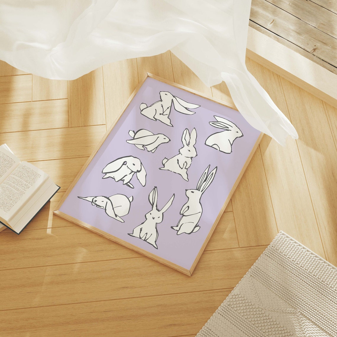 Bunnies Sketch Print Art Cute Rabbit Art Print Purple Wall Art Trendy Easter Decor Nursery Decor - Image 2