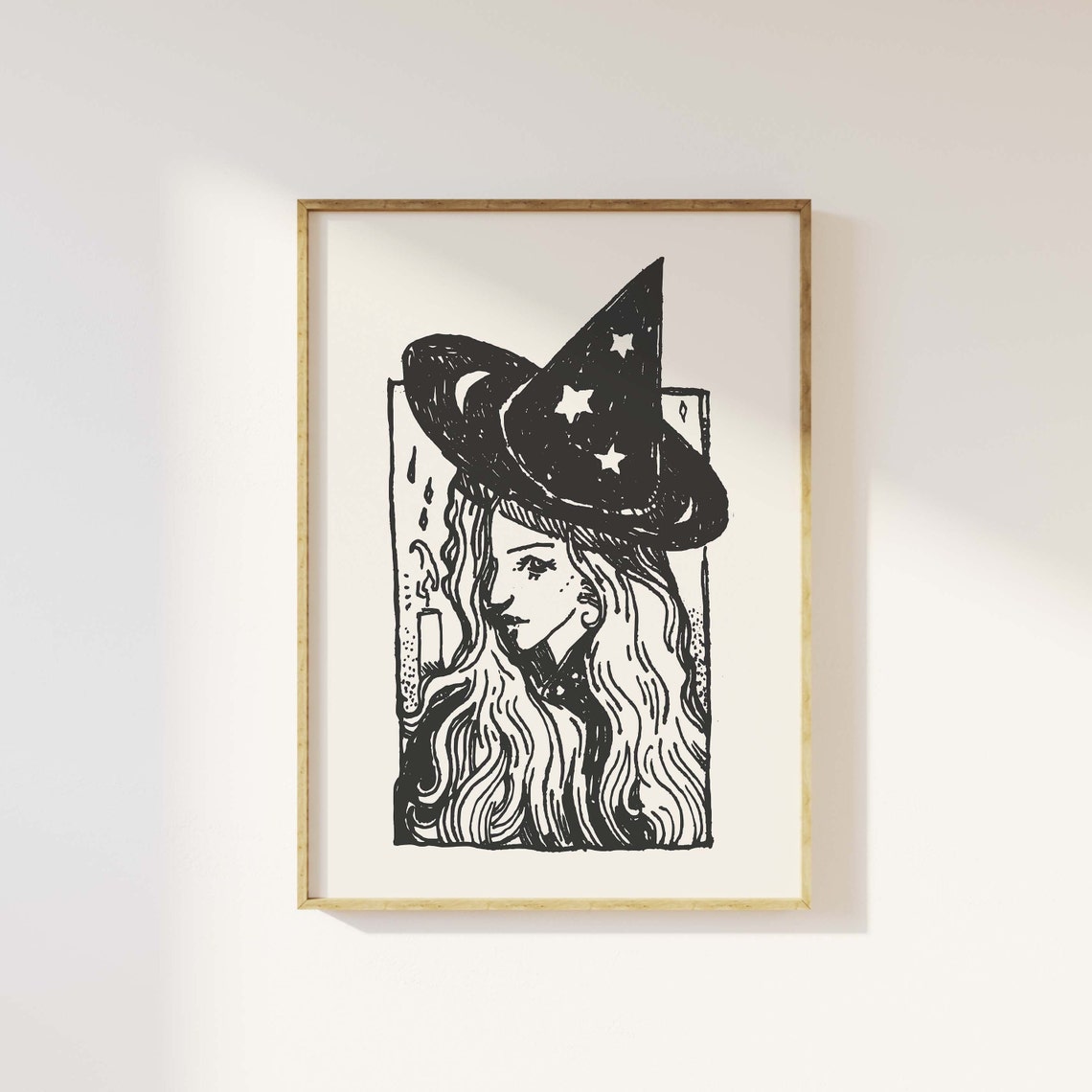 Witch Sketch Starry Hat Line Art Poster for Spooky Halloween Decor