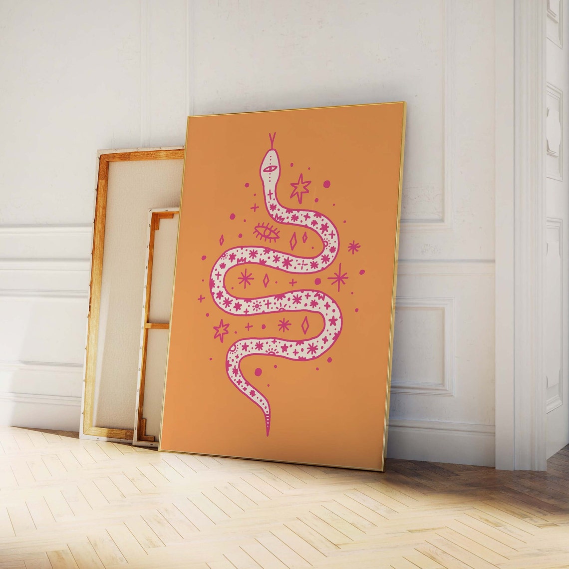 Pink Celestial Snake Illustration Orange Boho Serpent Wall Print - Image 4