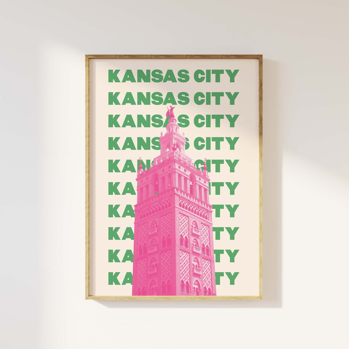 Kansas City Plaza Tower Pink Green Art Poster for Missouri Decor