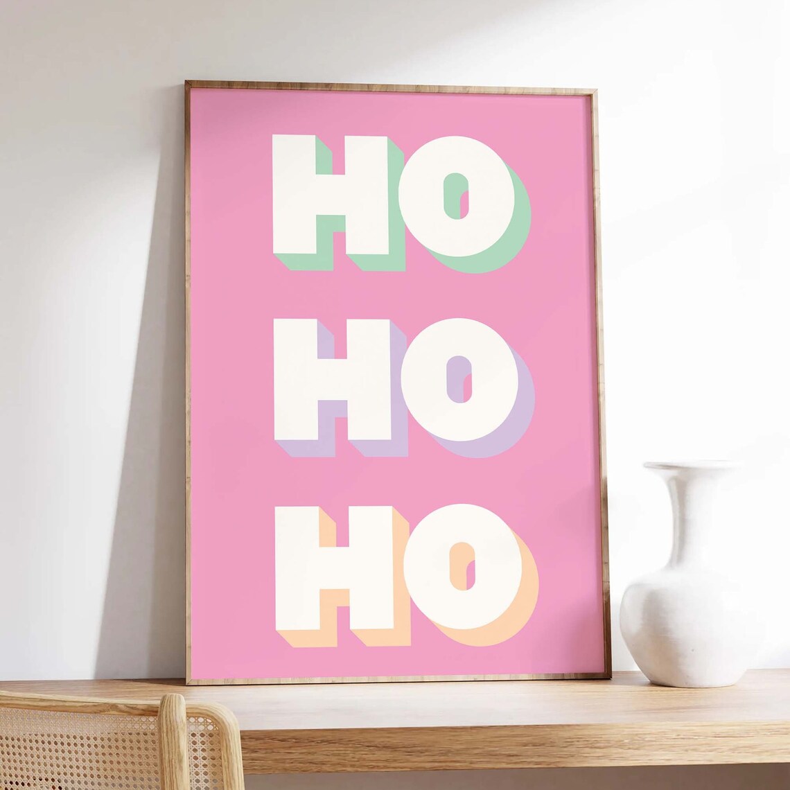 Ho Ho Ho 3D Block Letters Pink Santa Retro Christmas Quote Poster - Image 3