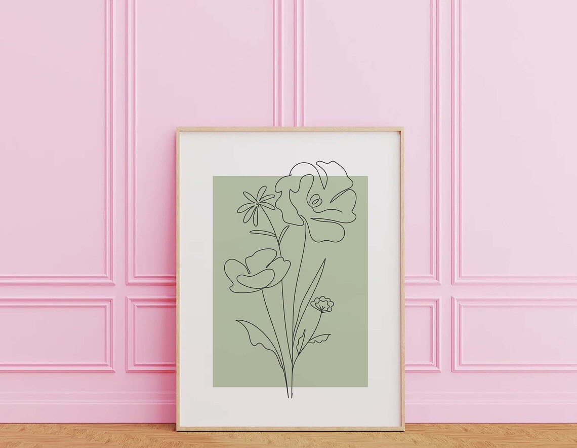 Sage Green Line Art Poppy Flowers Modern Botanical Wall Decor Poster - Image 3