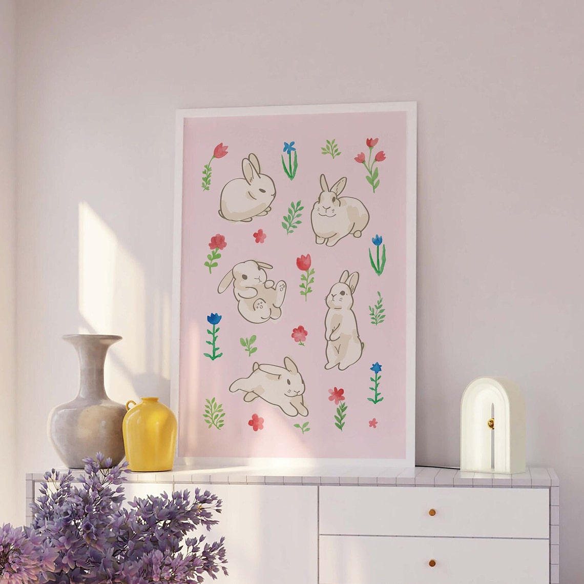 Cute Bunnies Print Art Cute Easter Bunnies Art Print Pink Wall Art Trendy Easter Decor Nursery Decor - Image 2