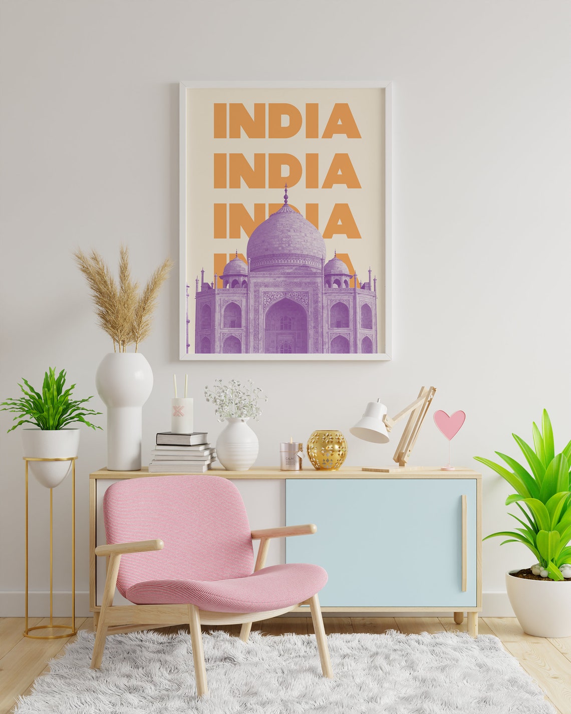 India Taj Mahal Poster with Purple Mausoleum and Orange Typography - Image 3