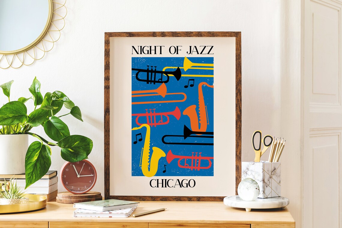 Night of Jazz Chicago Trumpet Saxophone Colorful Music Poster - Image 3