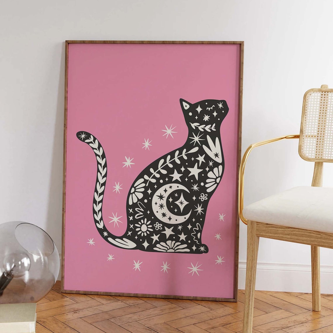 Black Celestial Cat Pink Background Halloween Spooky Cute Poster - Image 7