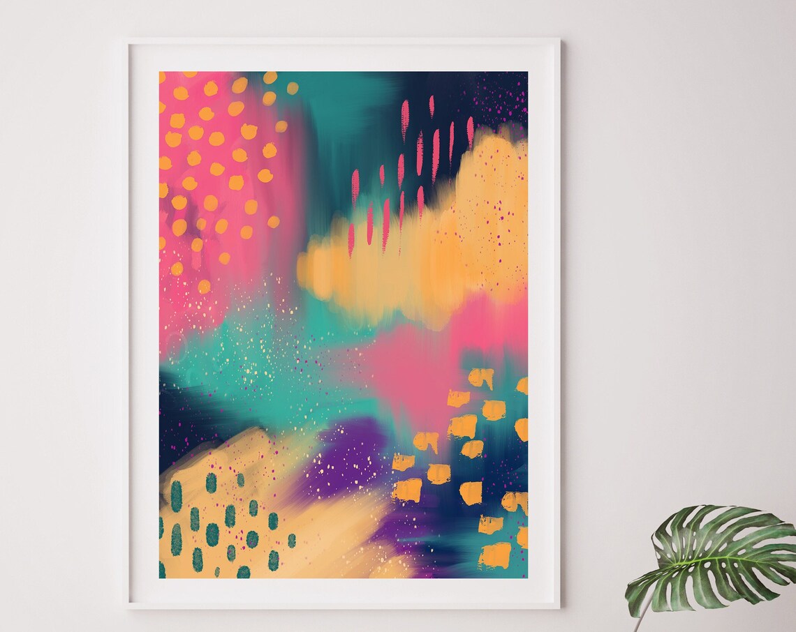 Colourful Chaos In Teal Pink Mustard Modern Abstract Art Poster