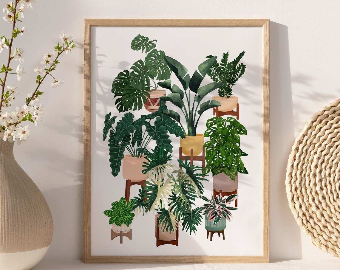 Tropical Monstera And Fern Houseplant Collection Botanical Art Print
