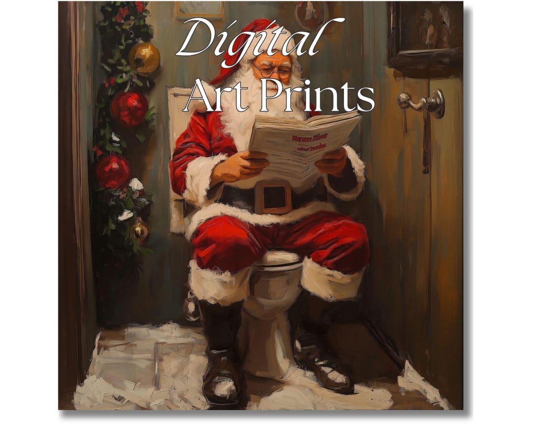 Funny Santa Claus Sitting on Toilet Reading Newspaper Bathroom Poster - Image 2