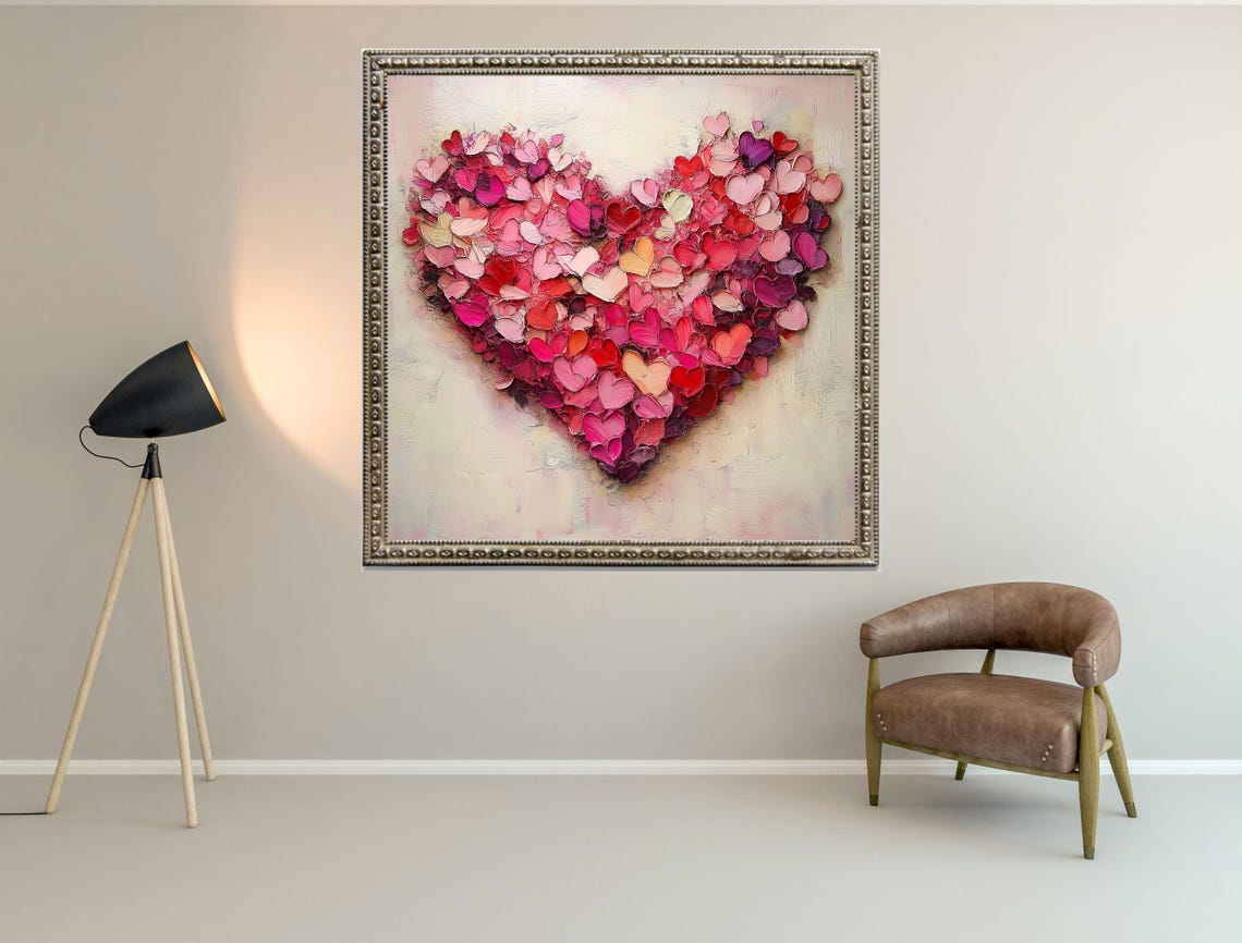 Multicolor Heart Impasto Painting Pink Red Purple Gallery Decor Print - Image 2