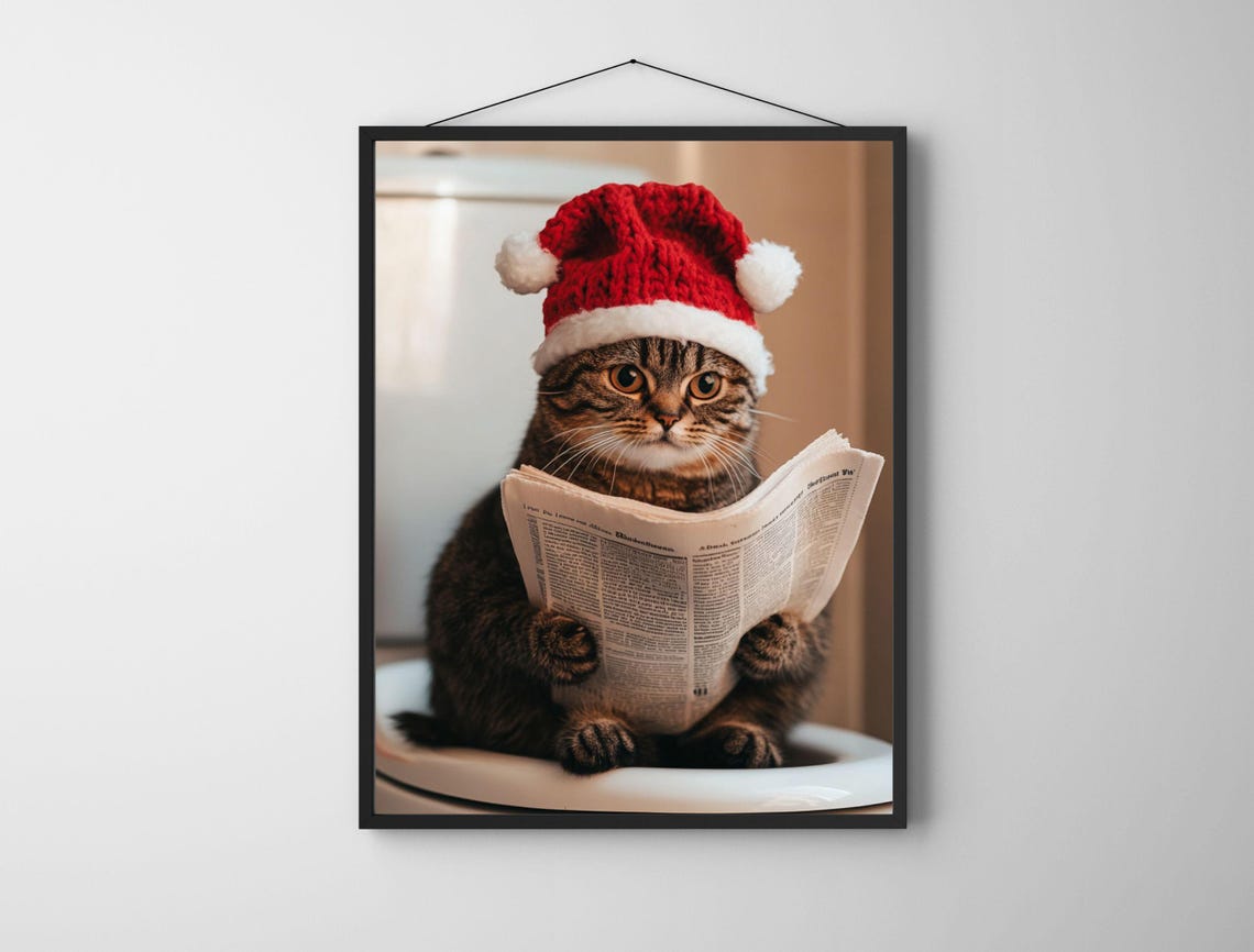 Funny Christmas Cat in Santa Hat Reading Newspaper Bathroom Poster - Image 6