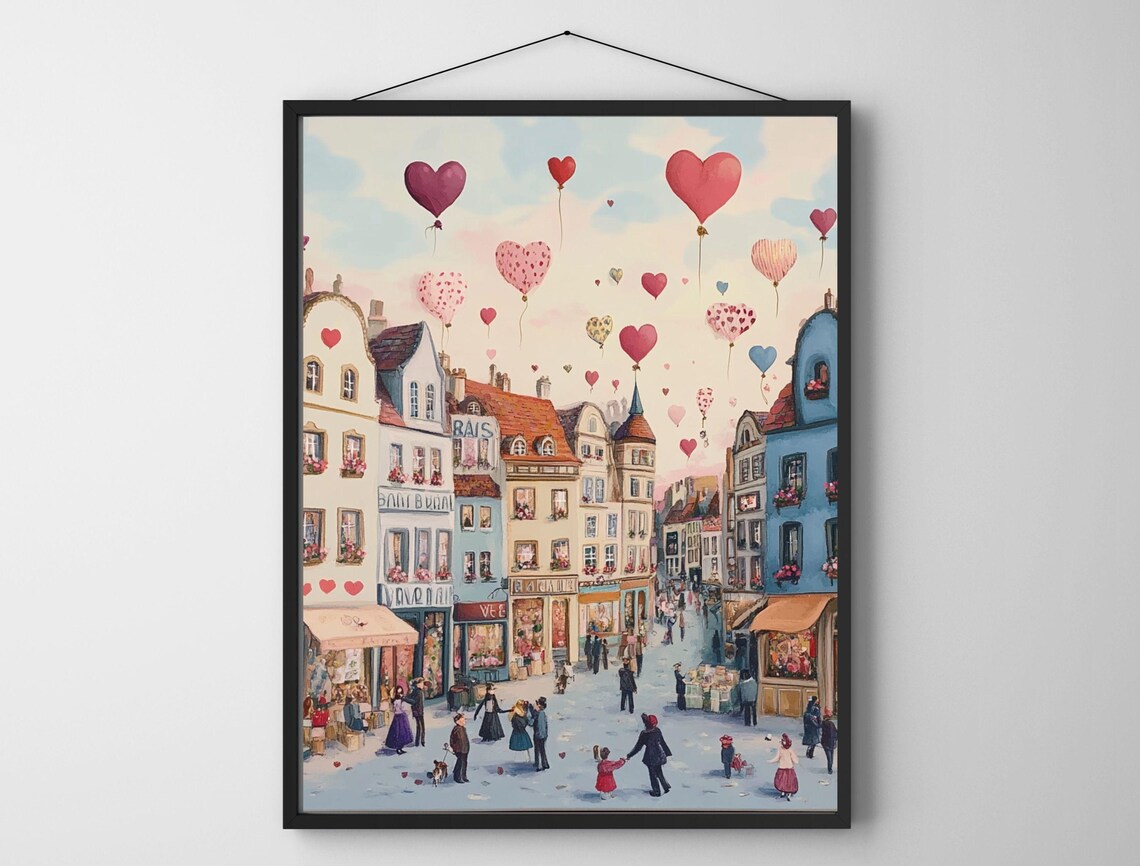 Sunny European Old Town Street Heart Balloons Painterly Art Print - Image 6