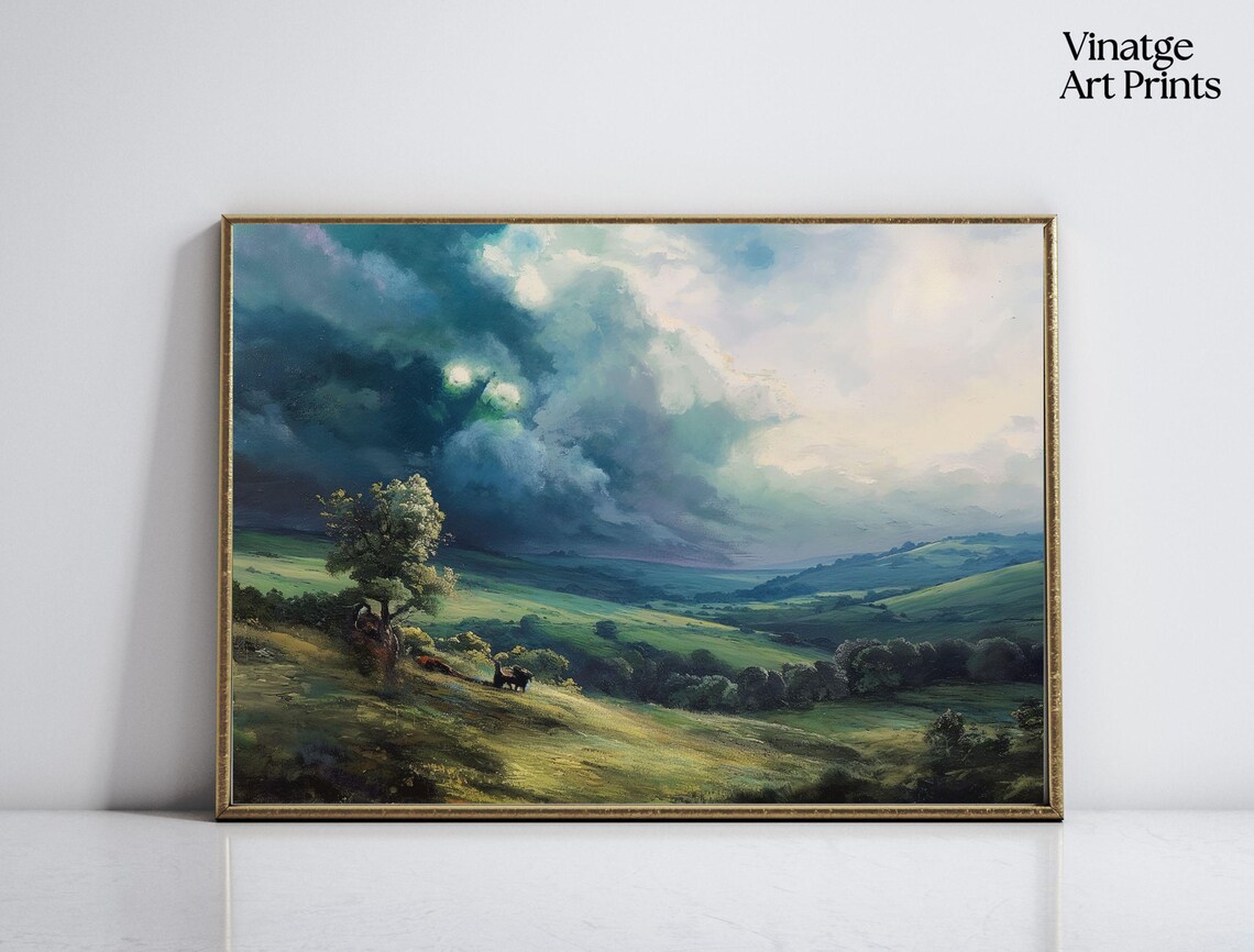 Stormy Green Hills Moody Vintage Landscape Oil Painting Poster
