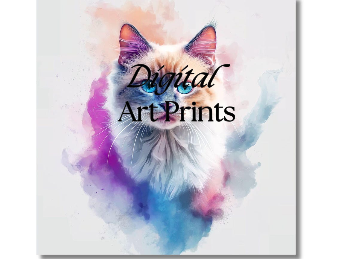 Blue Eyed Kitten Watercolor Portrait Pastel Splash Cat Poster - Image 4