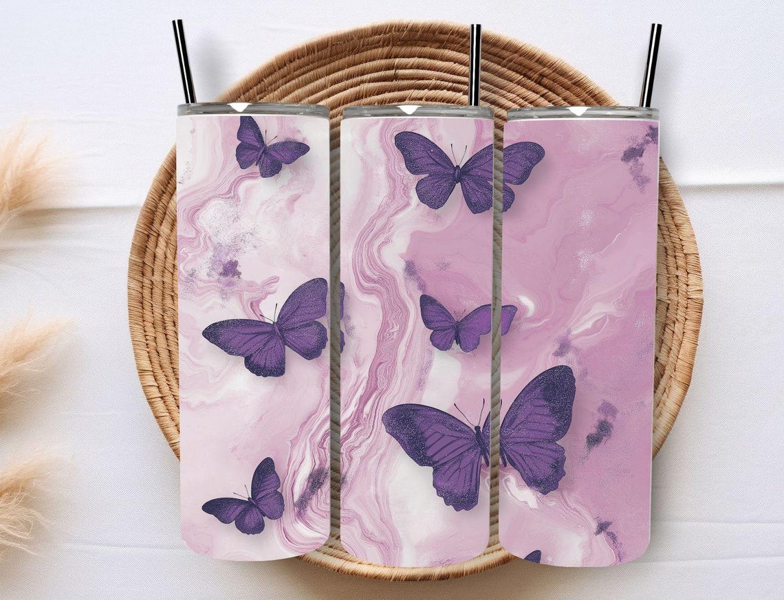 Purple Butterfly Pink Marble Swirl Tumbler Wrap Design Print - Image 8
