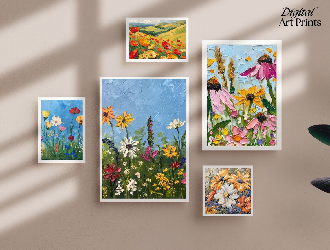 Set of 5 Wildflower Oil Paintings Colorful Floral Gallery Wall Poster