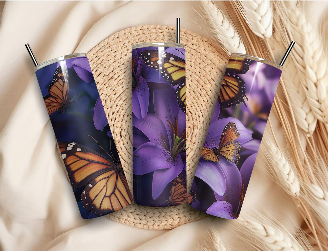 Monarch Butterfly Purple Lily Floral Tumbler Wrap Design Print - Image 6