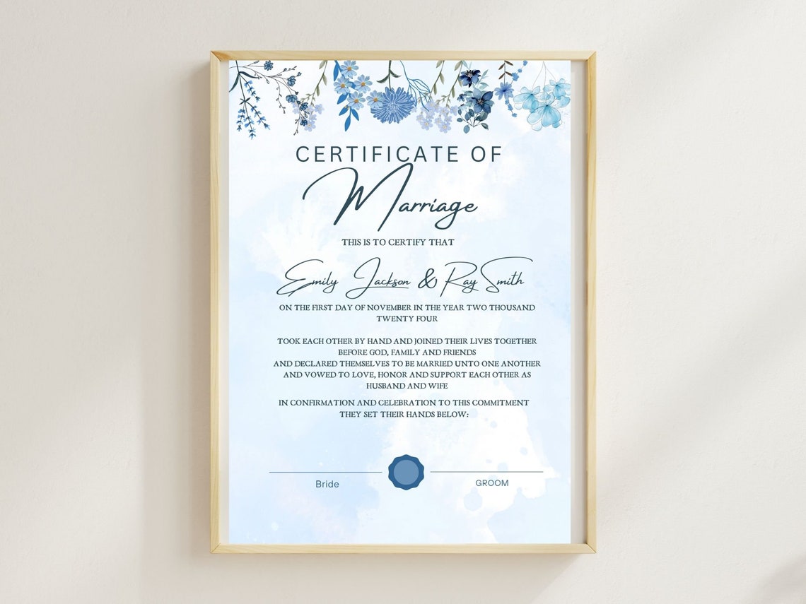 Marriage Certificate Template Blue Floral Watercolor Keepsake Print - Image 5