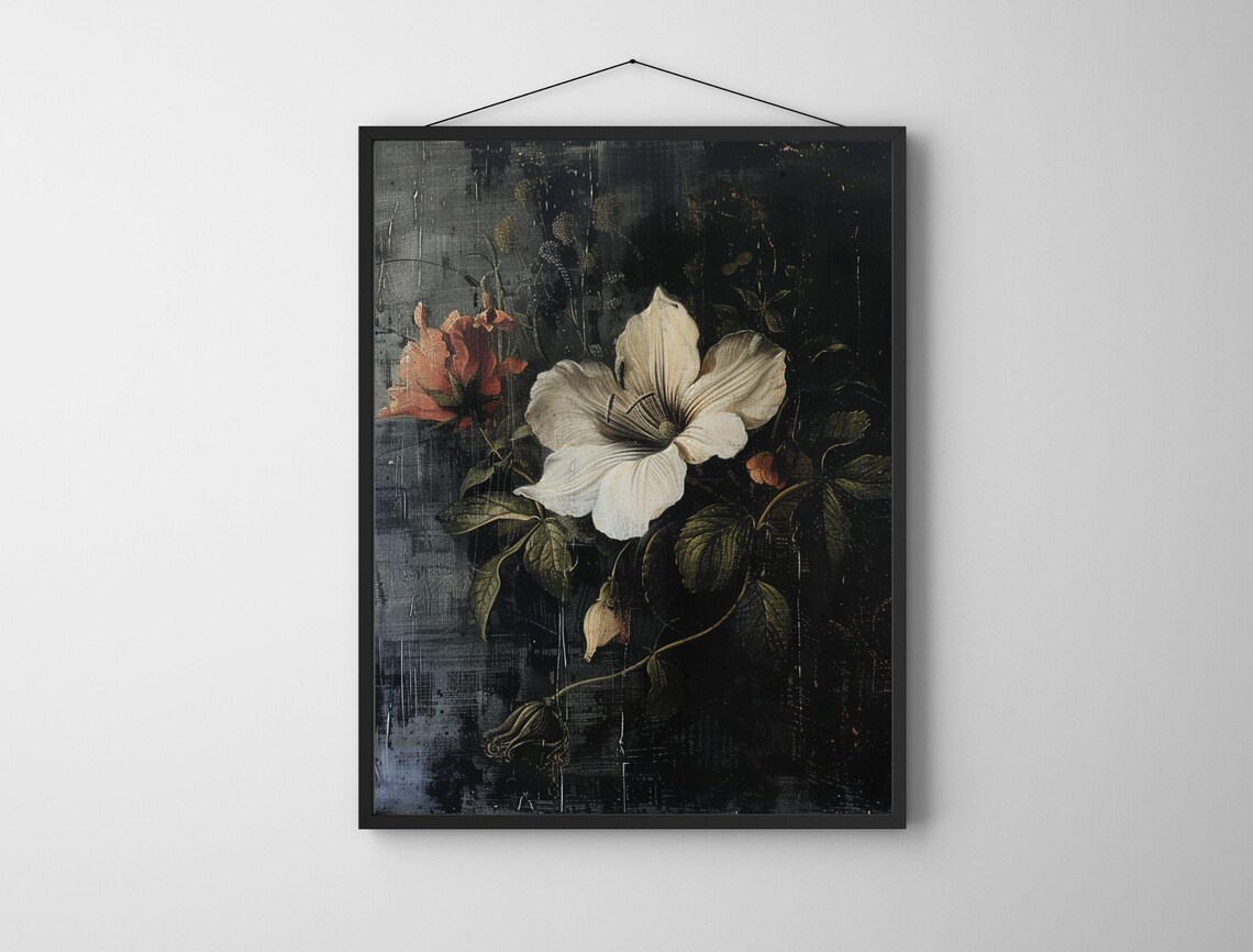 Dark Moody White Lily Bloom Vintage Floral Oil Painting Art Print - Image 8