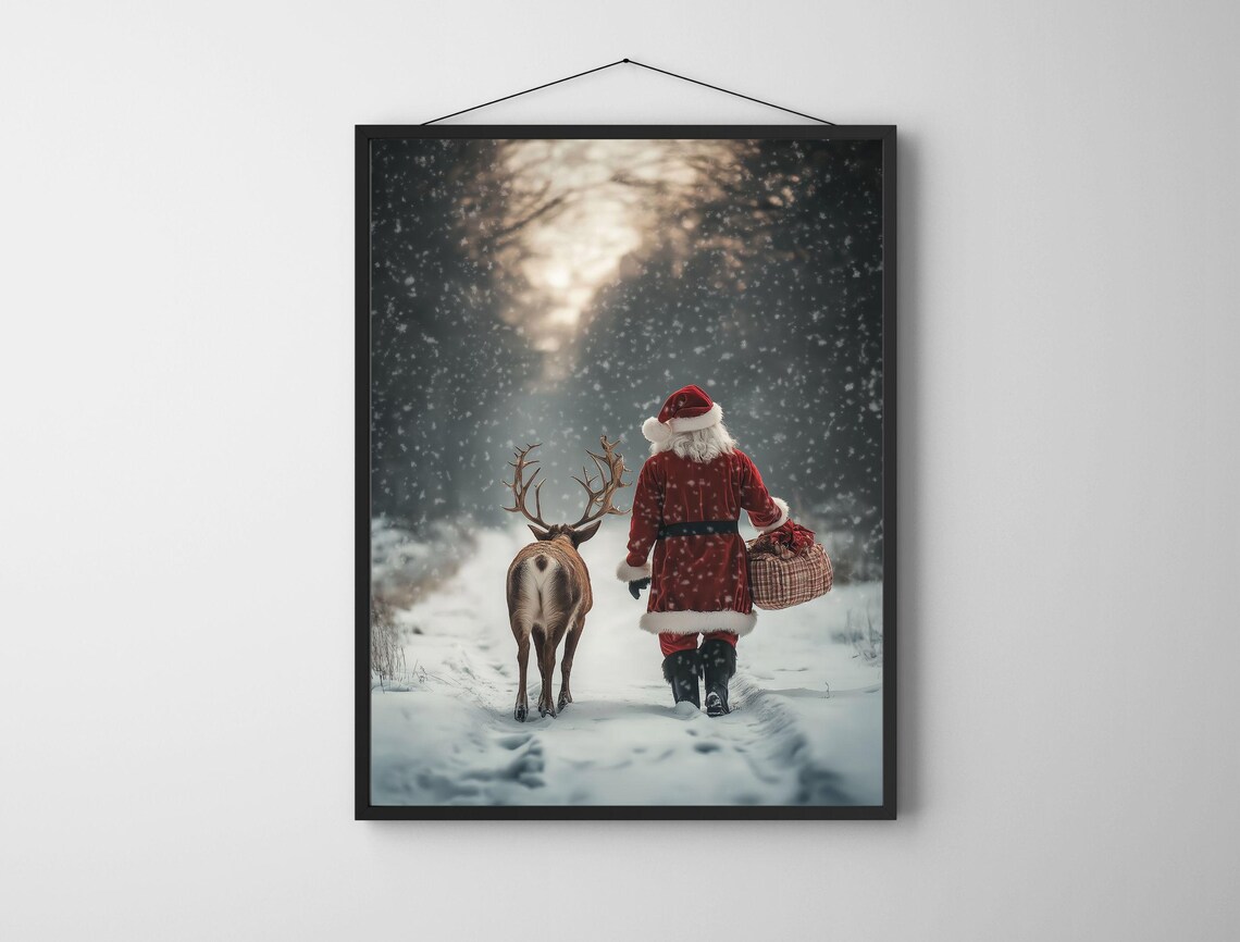 Santa Claus Walking With Reindeer In Snowfall Vintage Christmas Poster - Image 6
