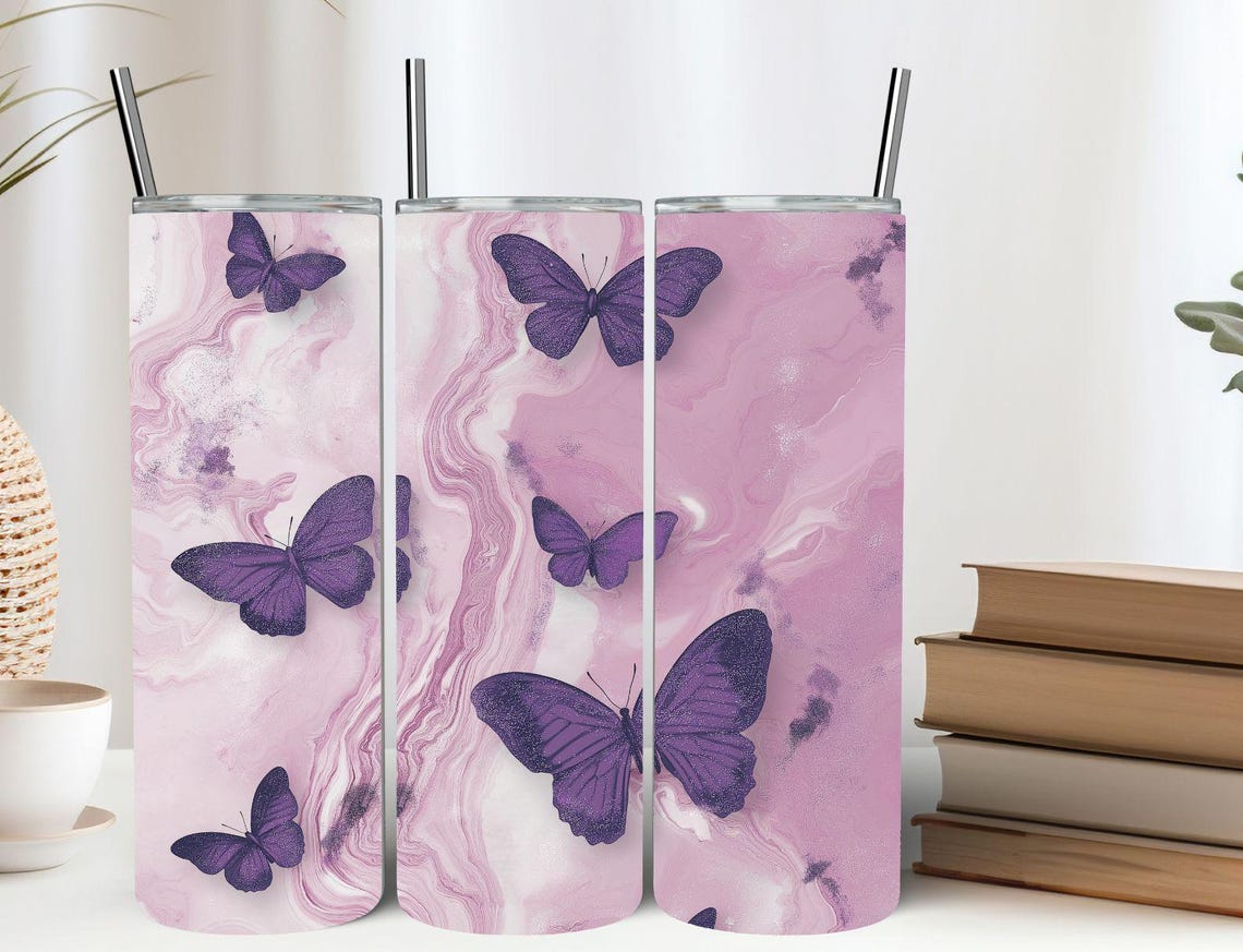 Purple Butterfly Pink Marble Swirl Tumbler Wrap Design Print - Image 7