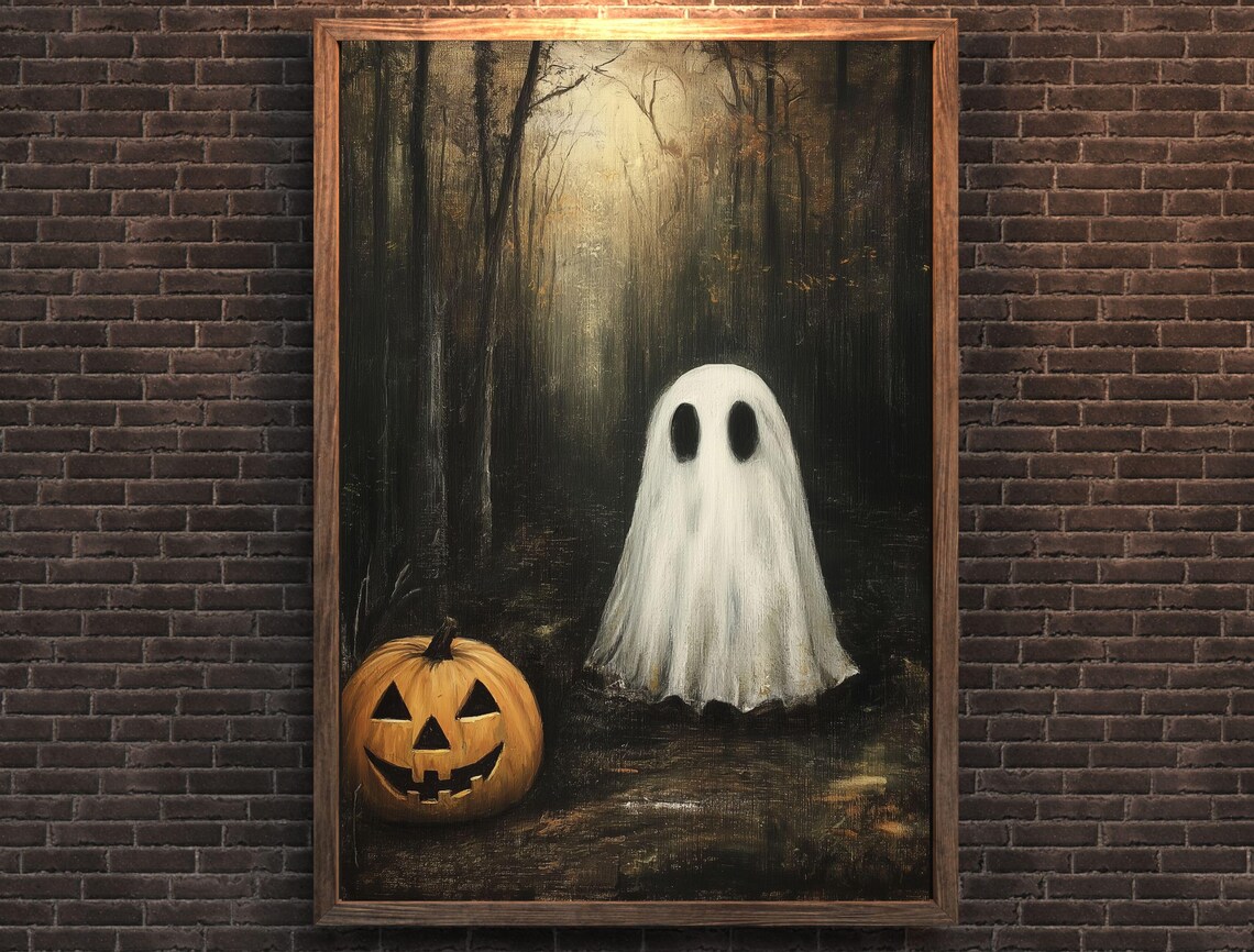 Ghost with Jack O Lantern in Dark Forest Halloween Art Poster - Image 6