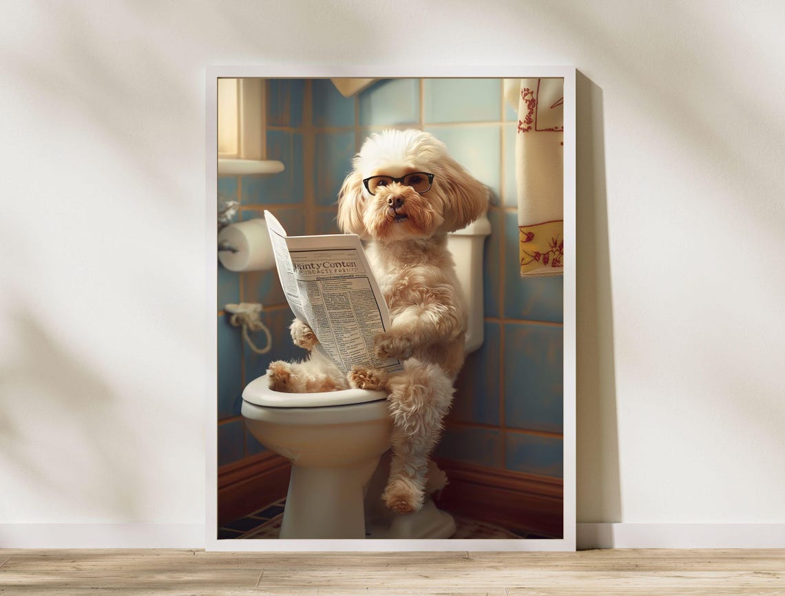 Funny Fluffy Dog with Glasses Reading Newspaper Bathroom Poster - Image 7