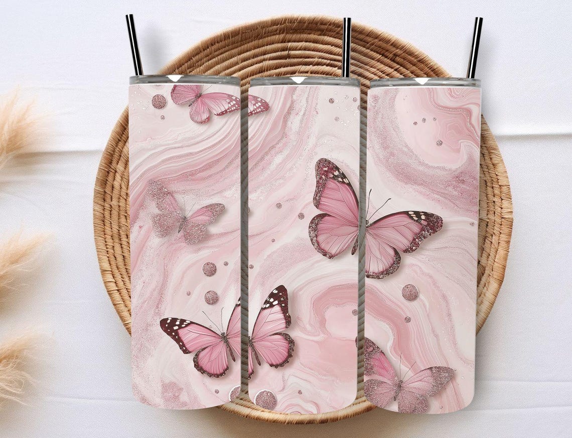 Pink Glitter Butterflies 20 Oz Skinny Tumbler Sublimation Diamond Butterfly Tumbler Designs Watercolor Skinnystraight - Image 8
