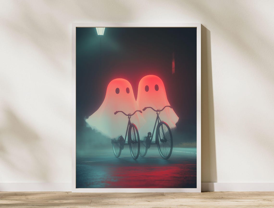 Two Glowing Red Ghosts Riding Bicycles Down a Neon Street Poster - Image 7