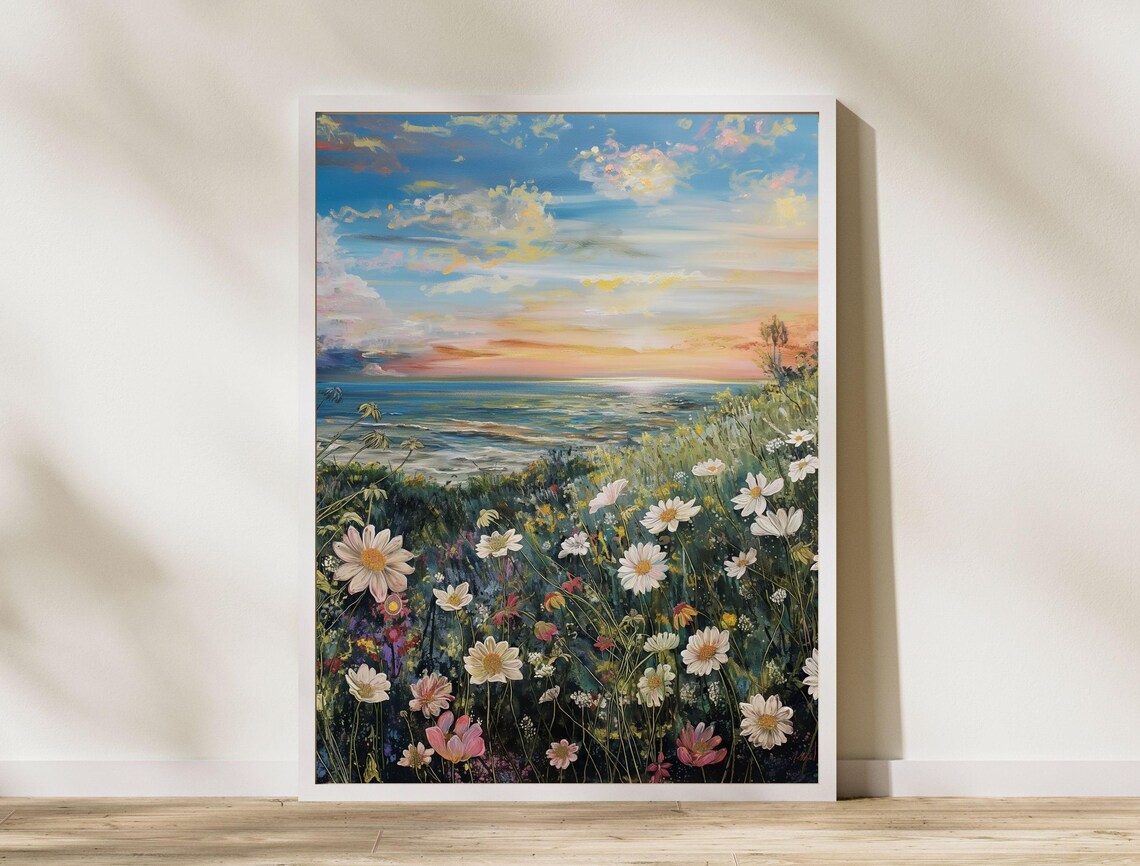 Sunset Meadow Wildflower Field Daisy Painting Coastal Summer Art Poster - Image 8