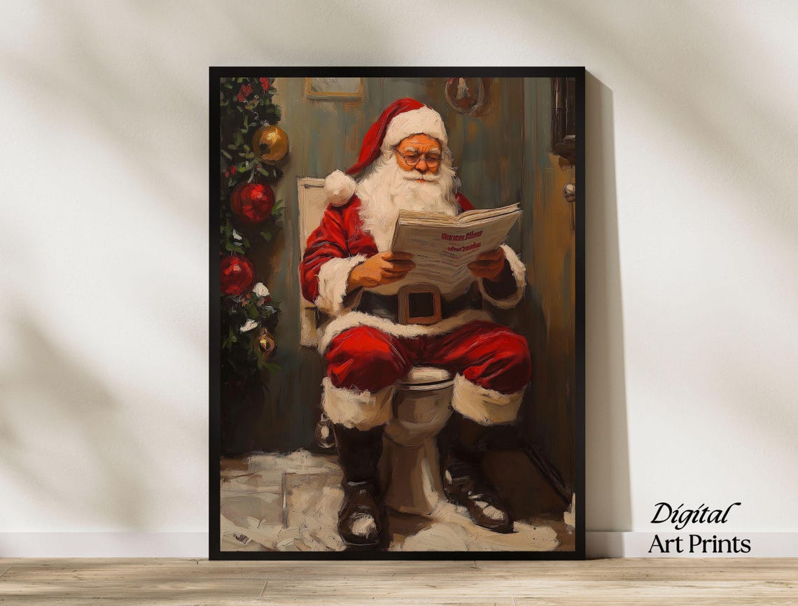 Funny Santa Claus Sitting on Toilet Reading Newspaper Bathroom Poster