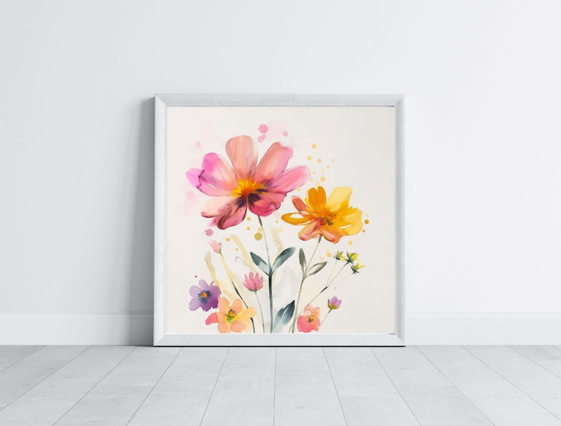 Pink Gold Beige Watercolor Wildflowers Boho Nursery Floral Poster - Image 4
