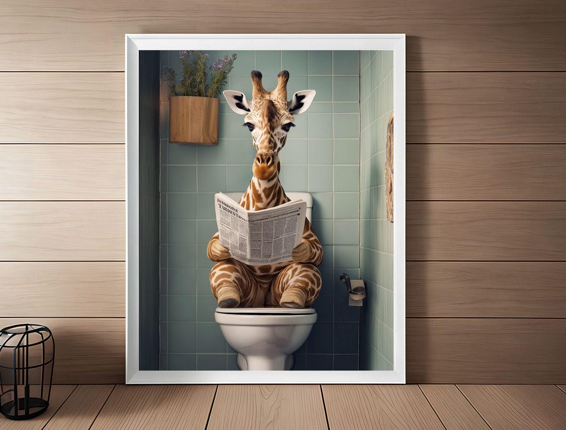 Funny Giraffe Toilet Newspaper Tiled Bathroom Humor Art Print - Image 2