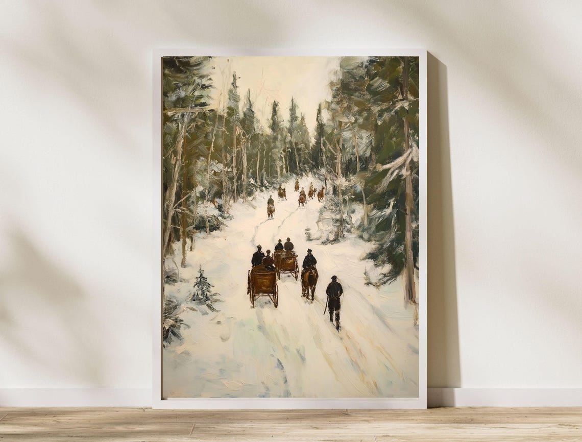 Vintage Nordic Snowy Forest Sleigh Caravan Winter Landscape Poster - Image 8