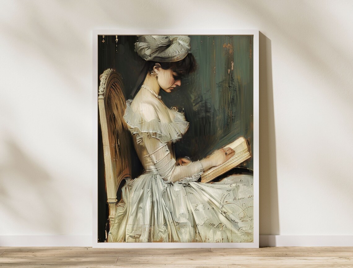 Antique Portrait of Woman Reading Vintage Elegant Lady Oil Poster - Image 8