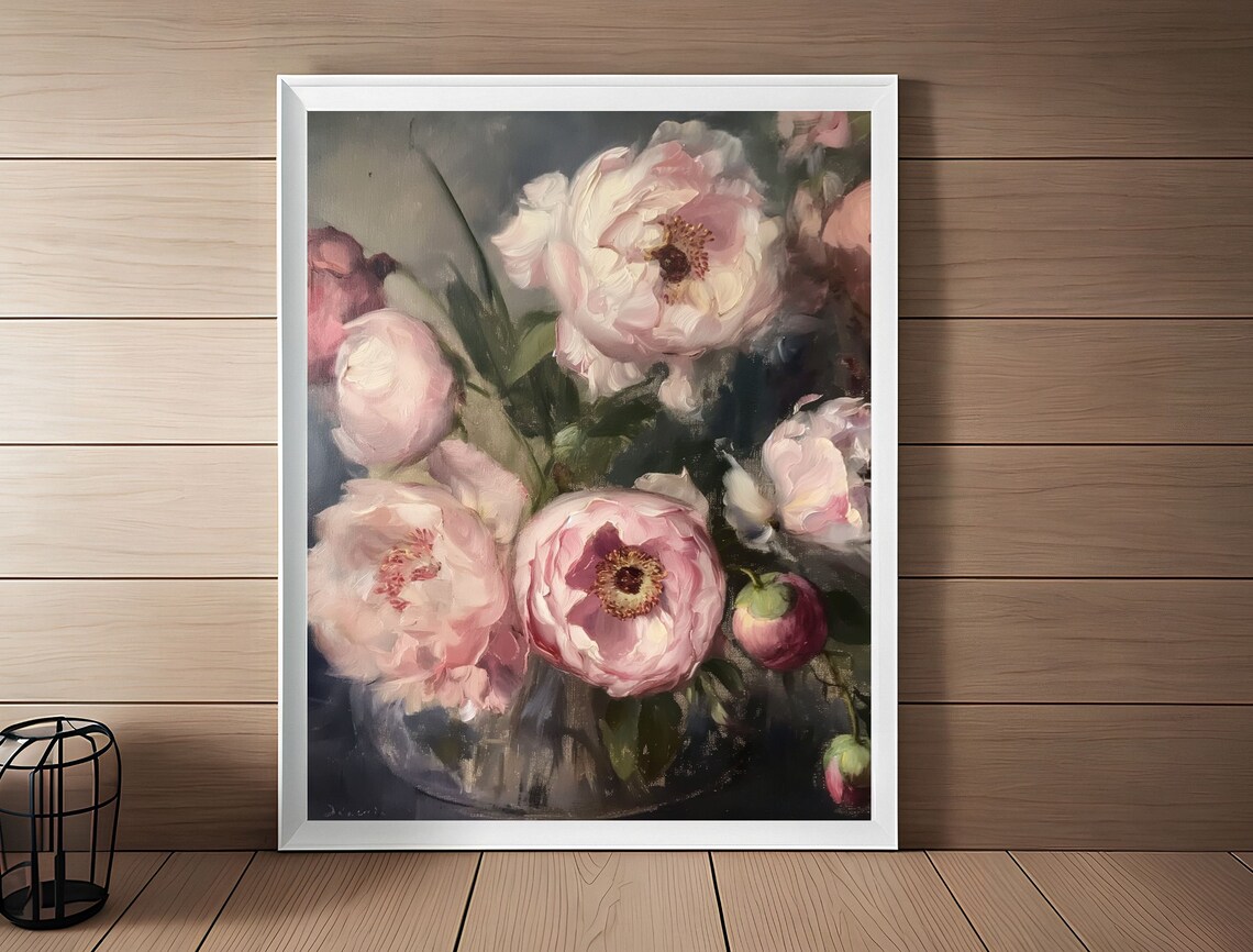Lush Pink Peony Oil Painting Moody Floral Bouquet Art Poster - Image 3