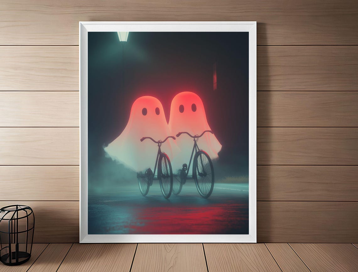 Two Glowing Red Ghosts Riding Bicycles Down a Neon Street Poster - Image 2