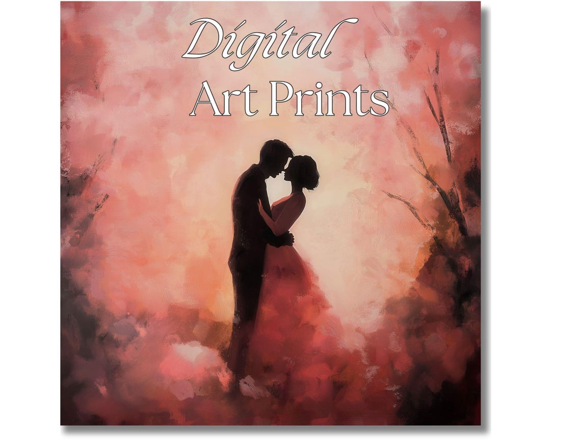Romantic Couple Embrace Blush Pink Blossom Silhouette Art Print - Image 2