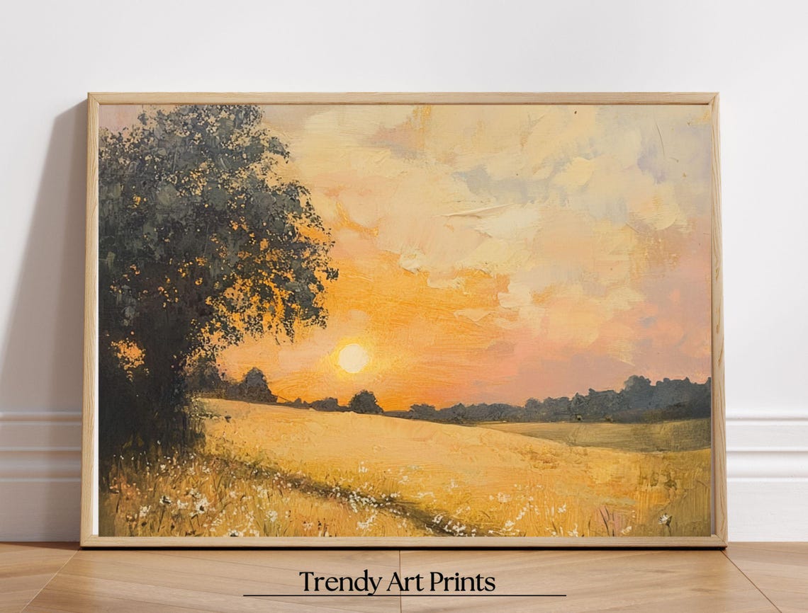 Warm Golden Sunset Field Tree Oil Painting Landscape Art Print