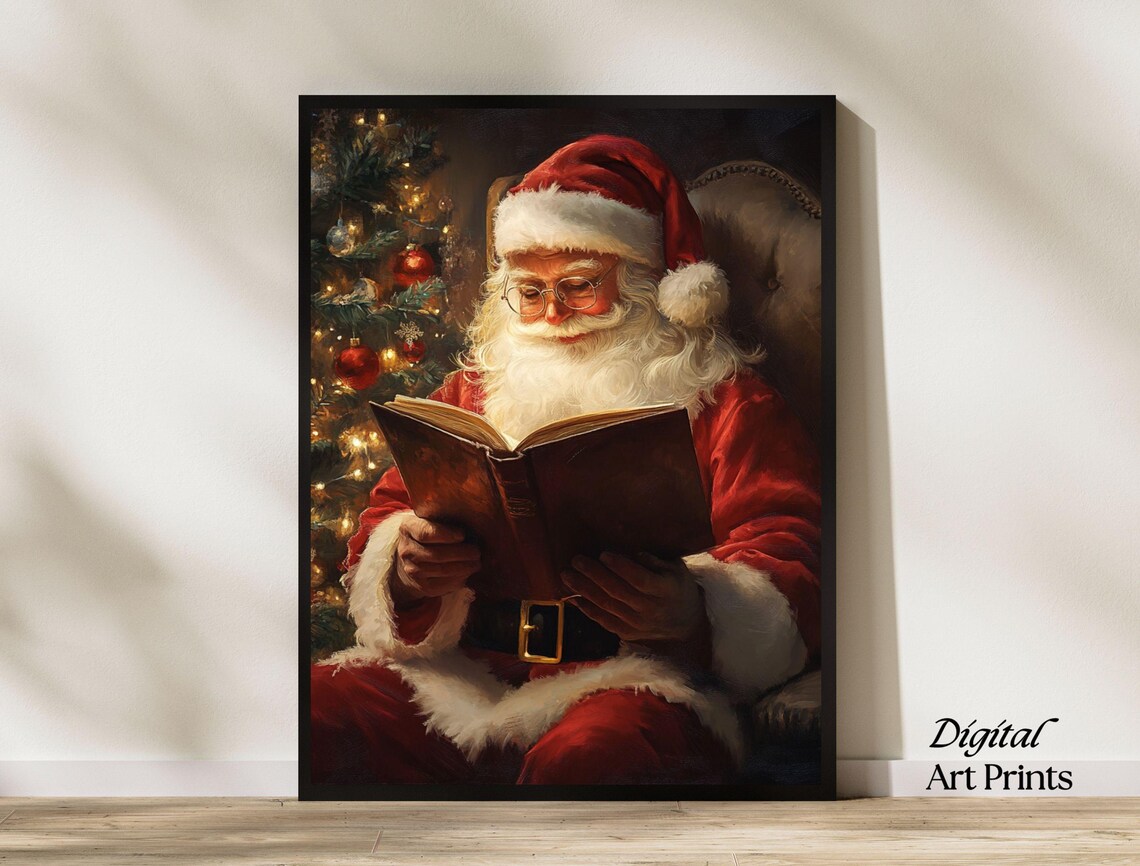 Santa Claus Reading Book by Christmas Tree Cozy Holiday Poster