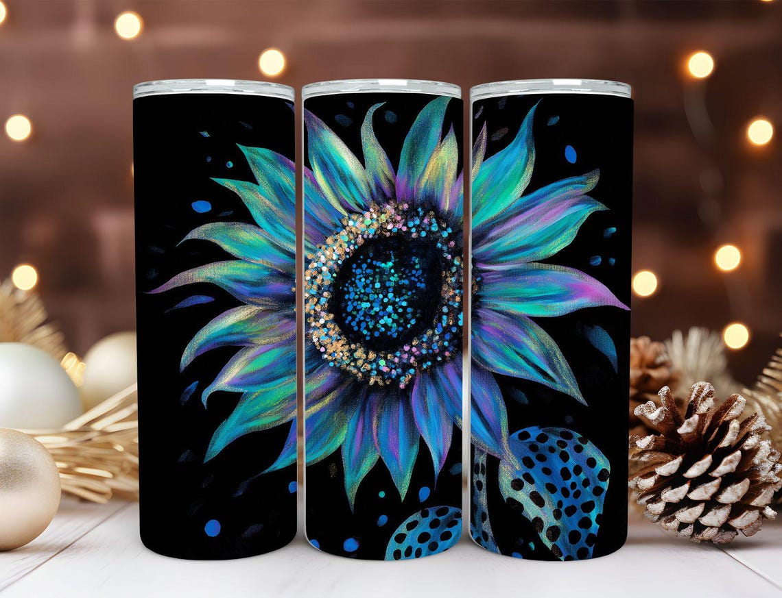 Iridescent Blue Sunflower Black Background Tumbler Wrap Design Print